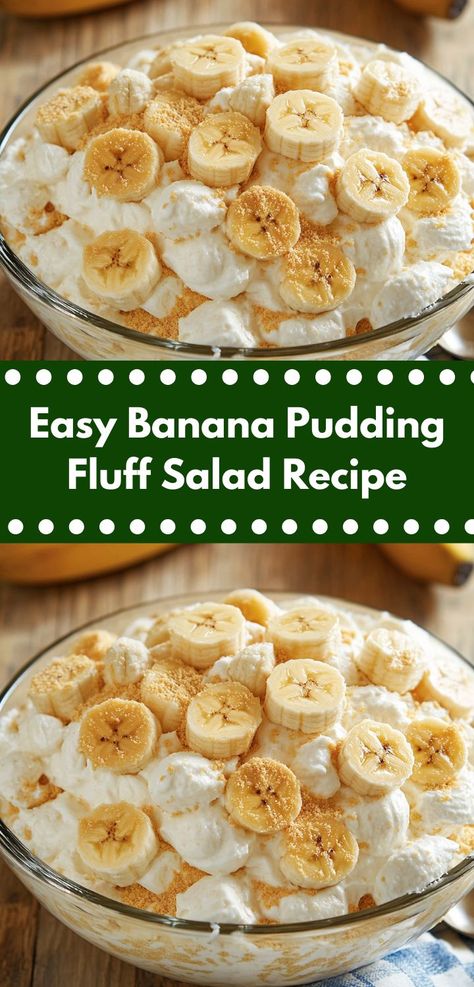 Craving something sweet yet simple? This Easy Banana Pudding Fluff Salad comes together quickly, combining fresh bananas and fluffy pudding for a delightful dessert idea that’s sure to impress both kids and adults alike. Banana Pudding Fluff, Banana Fluff, Pudding Fluff, Unique Recipes Desserts, Quick And Easy Sweet Treats, Fluff Salad Recipes, Easy Banana Pudding, Fluff Salad, Creamy Pudding