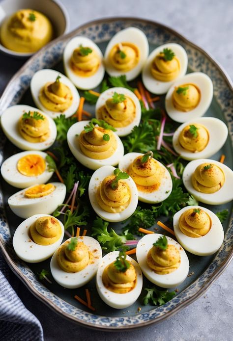 A platter of deviled eggs surrounded by garnishes and served on a decorative tray