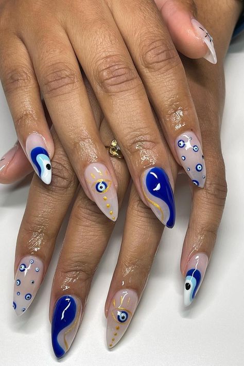 Dark Blue Nails Evil Eye, Evil Eye White Nails, Greek Inspo Nails, Googly Eye Nails, Gel Nails Evil Eye, Evil Eye Gel Nails, Evil Eye Almond Nails, Nail Designs Eye, Greek Eye Nails