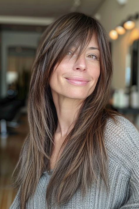 34 Chic Hairstyles for Women Over 40 with Bangs in 2024 – CreativeBooster Bangs Around The Face, Long Hair With Fringe Over 40, Hair With Long Bangs And Layers, Butterfly Bangs Long Hair, Layered Hair With Curtain Bangs Straight, Long Hair Sweeping Bangs, Lots Of Layers And Curtain Bangs, Fringe Bangs With Side Part, Haircuts With Glasses Long