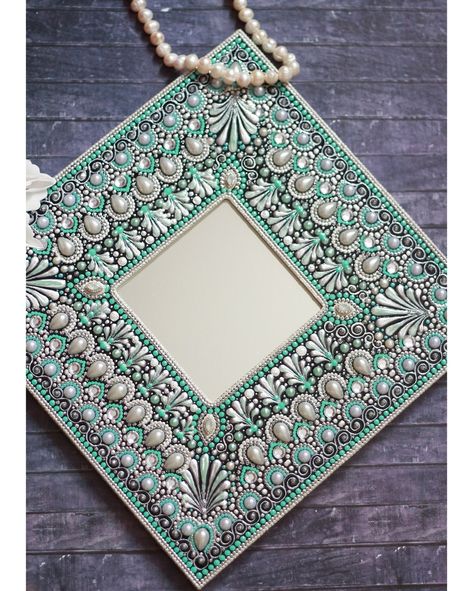 Square Mirror Wall Decor, Square Mirror Wall, Square Mirrors, Small Wall Decor, Hand Painted Dishes, Diy Wine Glasses, Mandala Wall, Mandala Wall Art, Wooden Mirror