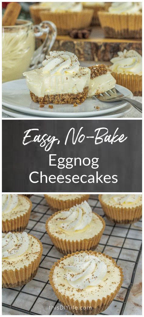 Eggnog No Bake Cheesecake, No Bake Egg Nog Cheesecake, No Bake Eggnog Cheesecake Recipe, Eggnog Cheesecake With Gingersnap Crust, Eggnog Cheesecake No Bake, Eggnog Baking Recipes, Christmas No Bake Cheesecake, Eggnog Dessert Recipes, No Bake Eggnog Cheesecake