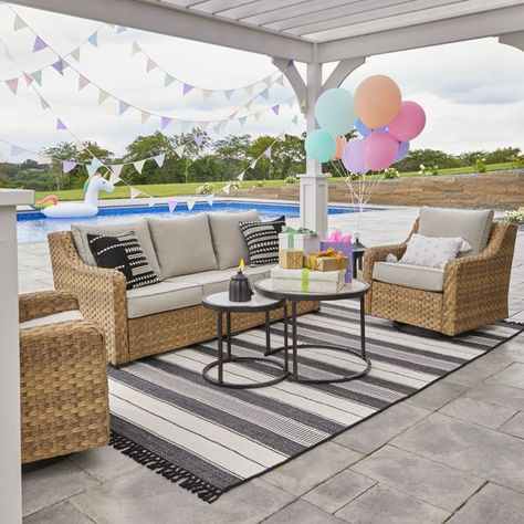 Better Homes & Gardens River Oaks 2 Piece Swivel Gliders with Patio Covers - Walmart.com Deck Furniture Layout, Coastal Decorating Living Room, Nesting Table, Patio Covers, 3 Piece Sofa, Patio Cover, Better Homes And Garden, Swivel Glider, Deck Furniture