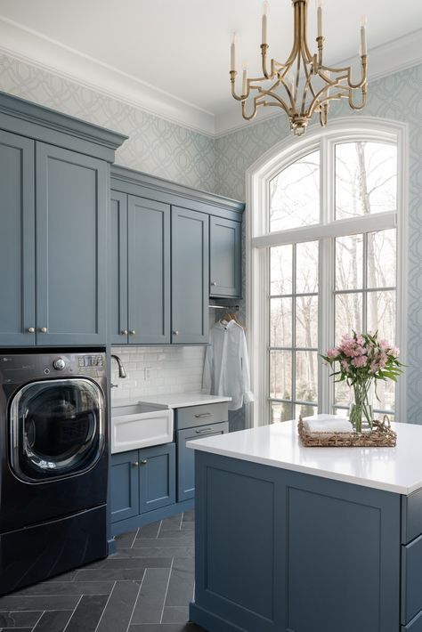 High Drive | Hoskins Interior Design Mud Room Paint Colors, Mudroom Paint, Mudroom Paint Color, Holly Irwin, Upstairs Laundry, Laundry Cabinet, Grey Laundry Rooms, Laundry Room Tile, Blue Laundry Rooms