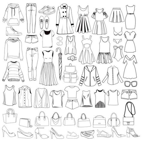 Fashion Doodle Art, Doodles Dress, Fashion Doodles, Clothes Doodle, Clothes Outline Drawing, Doodle Fashion Illustrations, Dress Doodle, Line Garment Illustration, Vector Clothes