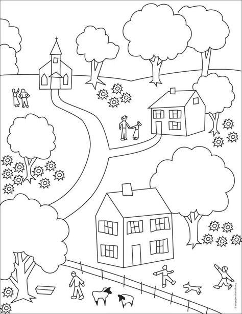 Easy How to Draw like Grandma Moses Tutorial and Grandma Moses Coloring Page Grandma Moses Art For Kids, Moses Coloring Page, Direct Drawing, Grandma Moses, Bags Patterns, Craft Kids, Art Camp, Diy Bags Patterns, Sharpie Marker