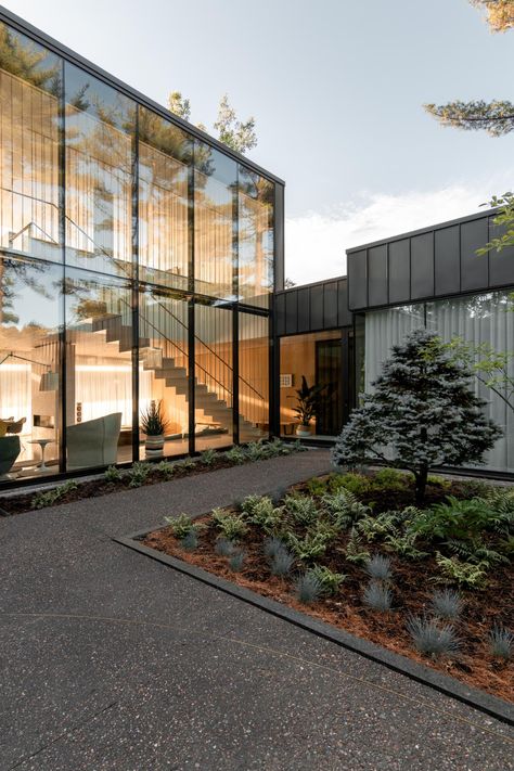 Family home reinterprets American midcentury architecture for Montreal Midcentury Architecture, Modern Outdoor Spaces, Glass Pavilion, American Houses, Conifer Trees, Of Montreal, Patio Stones, Modern Outdoor, Outdoor Design