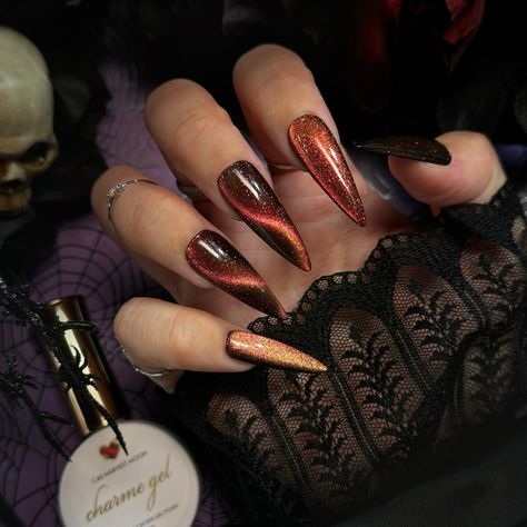 Swipe to watch the NEW Enchanted Chameleon Cat Eye Charme Gels color shift 😻✨ Are you loving the new gels? Vote in the comments 👇 Comment “ENCHANTED” for the direct link to shop! 🔗 Save & share for spooky Halloween & fall nail inspo! 🍁🎃 Follow @daily_charme for more nail trends! 💅 #cateyenails #spookynails #velvetnails #colorshiftingnails #nailarttrends #diynails #nailpoll #nailtech #nailartsupplies #nailart #gelnails #nails #fallnails #halloweennails #halloween2024 #beetlejuicenails #hallo... Cat Eye Polish Halloween Nails, Cat Eye Nails For Fall, Pointy Fall Nails, Burnt Orange Cat Eye Nails, Autumn Nails Cat Eye, Black And Orange Cat Eye Nails, Cateye Halloween Nail Designs, Fall Cats Eye Nails, Autumn Stiletto Nails