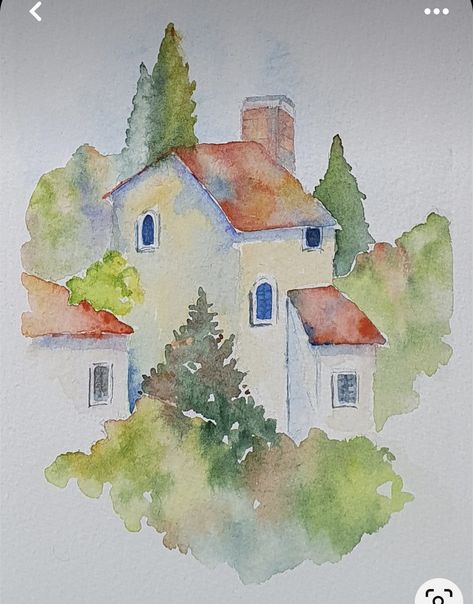 Unique Watercolor Paintings Ideas, Pretty Watercolor Paintings, Easy Architecture Sketch, Watercolor Buildings, Watercolour House, Watercolor Cottage, Cool Watercolor, Watercolor Houses, Watercolor House Painting