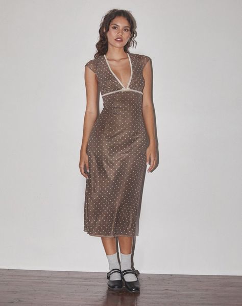 Brown Polka Dot Dress Outfit, Dot Dress Outfit, Polka Dot Dress Outfit, Brown Polka Dot Dress, Autumn Outfit Inspo, My Life Aesthetic, Polka Dot Midi Dress, Stretch Mesh Fabric, Lettuce Hem