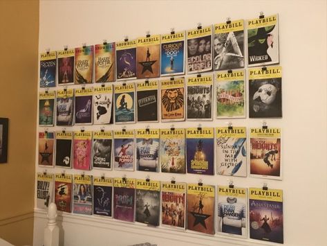 @snflowerash/Twitter Playbill Decor, Playbill Display, Broadway Themed Room, Broadway Aesthetic, Theatre Classroom, Musical Wall, Broadway Playbills, Theater Kid, Kids Theater