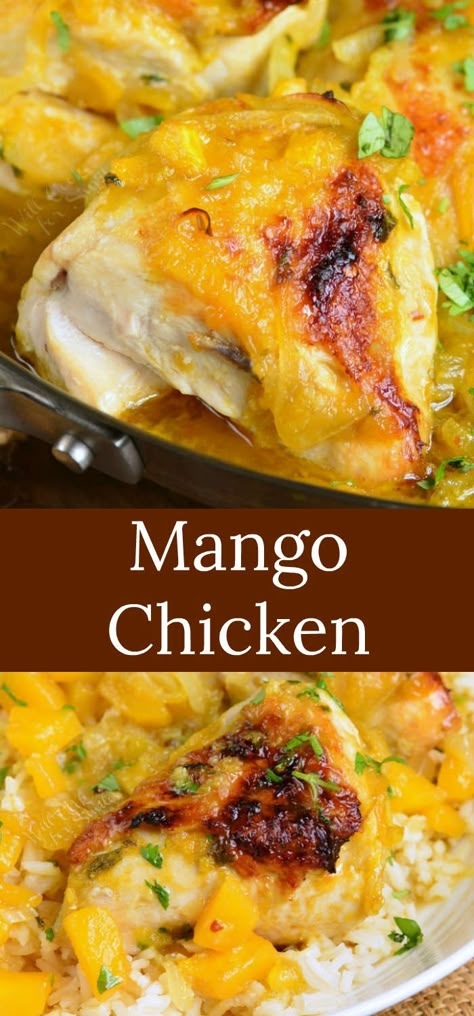 Mango Chicken recipe is a delicious baked chicken cooked with sweet and spicy chunky mango sauce. It takes about an hour and perfectly goes with coconut rice. #chicken #bakedchicken #mangochicken #rice #chickenandrice Baked Mango Chicken Recipes, Mango Chicken And Rice, Mango Coconut Chicken, Mango Chicken Recipes Easy, Chicken And Fruit Recipes, Mango Dinner Recipes, Keto Mango Recipes, Coconut Rice Chicken, Mango Recipes For Dinner