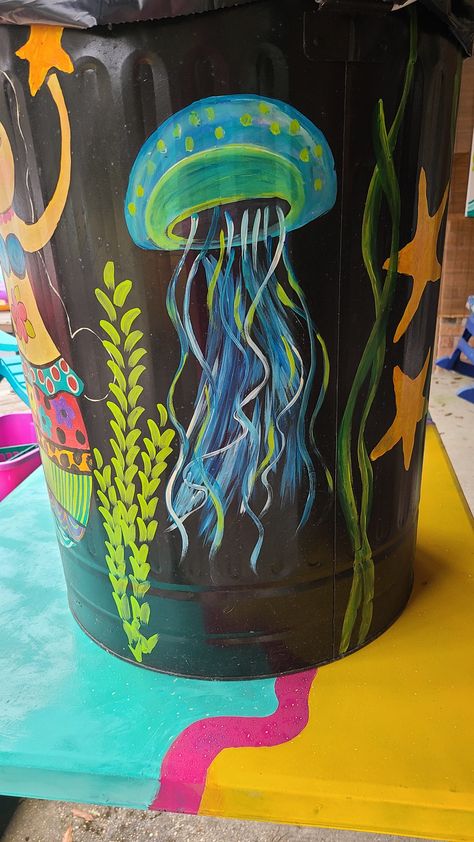 Painted Trash Cans, Barrel Art, Rain Barrels, Rain Barrel, Trash Bins, Garbage Can, Beach Painting, Under The Sea, The Sea