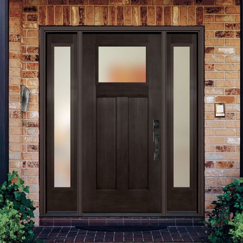 Bring the beautiful look of wood and the performance of fiberglass to your home with the Masonite Fiberglass Entry Door. Engineered to last a lifetime, these high-performance surface doors feature high-definition profiles for added architectural interest. Designed with an energy saving polyurethane door core, the maintenance-free proprietary fiberglass construction provides maximum protection and durability. Masonite 64-in x 80-in Fiberglass Craftsman Left-Hand Inswing Walnut Stained Prehung Fro Wood Entry Door With Sidelights, Modern Farmhouse Entry Door, Craftsman Front Door Ideas, Entryway Doors Exterior, Front Door With Side Windows, Front Doors With Sidelights, Residential Front Doors, Craftsman Style Front Doors, Door Core