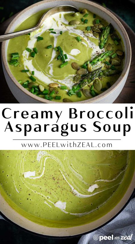 Creamy Broccoli Asparagus Soup with Goat Cheese A creamy Spring vegetable soup with tangy goat cheese. Made without heavy cream for a healthy lunch. Gluten-Free. Broccoli Leek Soup, Asparagus And Broccoli, Broccoli Soup Healthy, Broccoli Soup Recipe, Gluten Free Soup Recipes Glutenfree, Gluten Free Recipes Side Dishes, Lectin Free Diet, Healthy Broccoli, Cream Of Broccoli