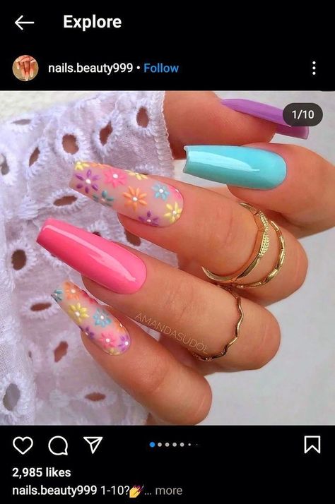 March Nails Spring 2023, Nail Ideas For Spring Coffin, Original Nails Designs, Nails Acrylic Easter, Multicoloured Nails, Nails Original, Nail Art Fleur, Soft Gel Nails, Spring Acrylic Nails