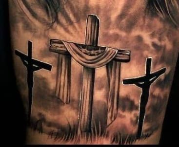 Three Crosses Tattoo Design, Crucifixion Tattoo, Cross Tattoo Designs For Men, Wooden Cross Tattoos, Jesus On Cross Tattoo, Back Of Neck Tattoo Men, Tattoo Chart, 3 Crosses, Arm Tattoos Drawing