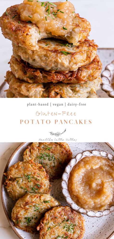 Vegan Latkes Gluten Free Potato Pancakes, Vegan Latkes, Vegan Potato Pancakes, Potato Latke Recipe, Potato Latkes, Gluten Free Potatoes, Healthy Holiday Recipes, Vegan Potato, Potato Pancakes