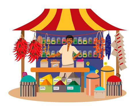 Indian man selling spices in street shop. Trade fair stall. Chili pepper, dries fruits, cinnamon. Flat vector illustration. Fair Illustration, Indian Chai, Food Hampers, Flat Vector Illustration, Shop Illustration, Trade Fair, Chai Tea, Graphic Editing, Flat Vector