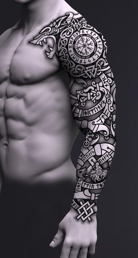 Norse Arm Sleeve Tattoos, Chest Arm Tattoo Men Half Sleeves, Norse Blackwork Tattoo, Cool Viking Tattoos, Viking Style Tattoo For Men, Norse God Tattoo Sleeve, Celtic Arm Sleeve Tattoos, Norse Mythology Tattoo Men, Nordic Tattoo Sleeve Women