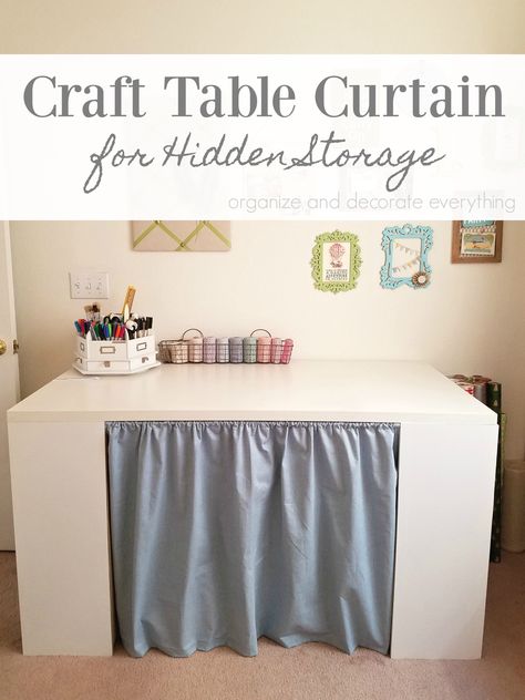 Make this Craft Table Curtain to hide extra storage under the table Diy Table Skirts, Table Curtain, Basement Craft Rooms, Hidden Door Bookcase, Storage House, Organization Inspiration, Nightstand Storage, Craft Rooms, Craft Room Storage