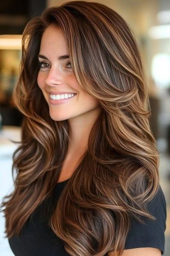 Save this pin for the best brunette hair colors for fall. These thick waves blend rich chocolate brown with warm caramel highlights for a stunning fall look. The dimensional shade adds striking depth to long, flowing locks. Brown Shades Color Hair, All Over Hair Color Brunette Fall, Fall Caramel Hair Color, Mocha With Highlights, Brunette Copper Blonde Balayage, Caramel Highlights With Dark Brown Hair, Medium Brown Hair With Golden Highlights, Brown With Gold Highlights, Fall Hair Colors For Brown Hair