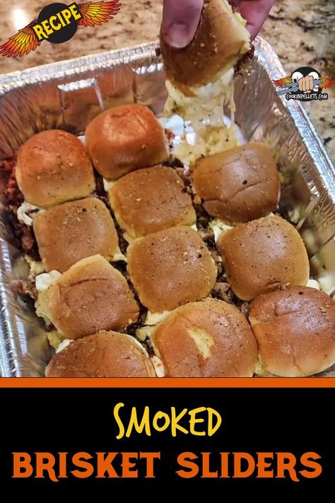 Shows one slider being removed from a tray filled with smoked brisket sliders. Smoked Brisket Sliders, Brisket Sliders Recipes, Brisket Sliders Hawaiian Rolls, Smoked Sliders, Grilled Steak Seasoning, Grilling Appetizers, Smoker Meat Recipes, Barbecue Sliders, Brisket Sliders