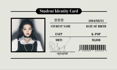 ☆ wonyoung ive kpop student card Student Id Card Aesthetic, Student Identity Card, Student Card, Student Id, School Id, Aesthetic Design, Yearbook, Cute Cartoon Wallpapers, Kpop Groups