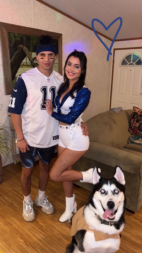 Couple’s Halloween costume. Cowboys cheer leader Halloween costume Couple Halloween Costumes Dallas Cowboys, Dallas Cowboys Couples Costume, Dallas Cowboy Couple Costume, Dallas Cowboy Cheerleader Couple Costume, Football Couple Halloween Costumes, Football And Cheerleader Couples Costume, Cowboy Cheerleaders Costume, Dallas Cowboys Cheerleaders Costume Couple, Cheerleader Couple Costume