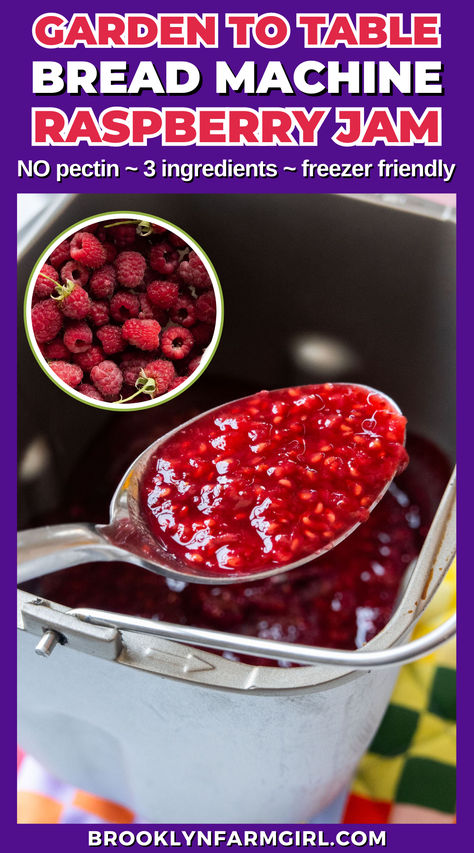 a spoon of red jam being lifted out of a bread machine Jam In Bread Machine Recipe, Jam In Bread Machine, Jam Recipes For Bread Machine, Strawberry Jam Bread Machine, Raspberry Freezer Jam Recipe No Pectin, Raspberry Jam Without Pectin, Raspberry Jam With Frozen Raspberries, Refrigerator Jam, Raspberry Freezer Jam