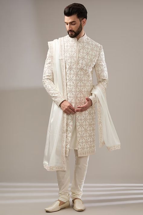 Ivory Silk Geometric Dori Work Sherwani Set Design by RE CHANNEL at Pernia's Pop Up Shop 2024 Mansions Interior, Dori Work, Luxury Mansions, Rahul Khanna, Jayanti Reddy, Neeta Lulla, Anushree Reddy, Ritu Kumar, Wedding Sherwani