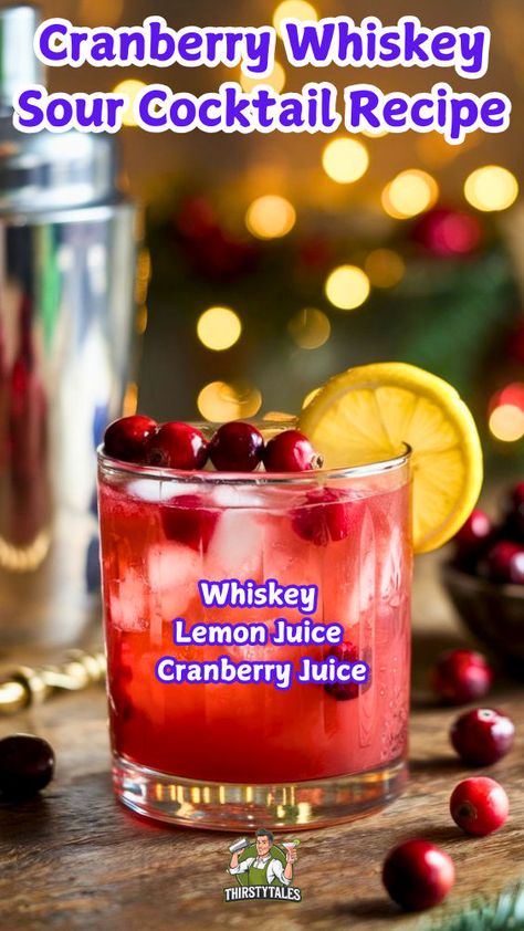 "Discover the perfect blend of tart and sweet with this Cranberry Whiskey Sour cocktail recipe! Ideal for holiday gatherings, this easy cocktail recipe combines the rich flavors of whiskey with refreshing cranberry for a festive drink that will impress your guests. Perfect for any celebration, these seasonal beverages are a must-try for whiskey cocktail lovers. Elevate your holiday drinks with this delightful Cranberry Whiskey Sour!" Cranberry Whiskey Sour Recipe, Cranberry Whisky Sour, Cranberry Whiskey Cocktail, Cranberry Juice Cocktails, Cranberry Whiskey Sour, Whiskey Sour Cocktail, Alcohol Ideas, Whiskey Sour Recipe, Cranberry Drinks