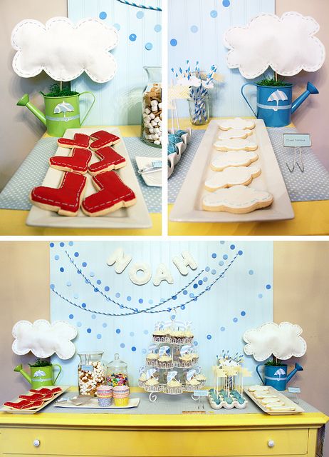 April Showers party theme: adorable dessert table featuring clouds, raindrops, rainbows, and rainboot elements Baby Shower Ideas Spring, Rain Baby Showers, April Baby Shower, Rainbow Desserts, Sprinkle Shower, Colorful Birthday Party, 3rd Birthday Party, Trendy Baby Shower Ideas, Baby Shower Brunch