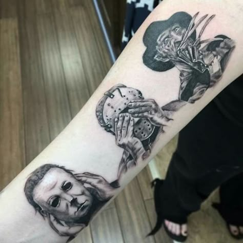 Hear no evil see no evil speak no evil  #villain #scarymovies #ink #tattoos Armband Tattoo Mann, Horror Sleeve, Model Tattoos, Lower Back Tattoo Designs, Small Wolf Tattoo, Outer Forearm Tattoo, Military Tattoo, Horror Movie Tattoos, Shoulder Sleeve Tattoos