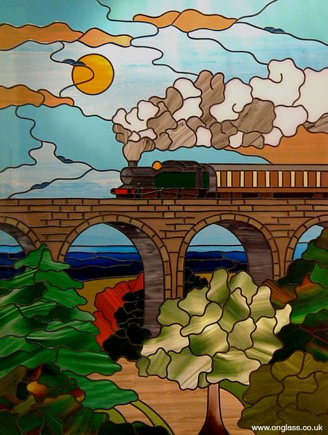 Great Western steam train and Viaduct stained glass window Train Png, Themed Quilts, Cool Glass, Glass Art Design, Stained Glass Light, Landscape Quilt, Glass Painting Designs, Stained Glass Paint, Custom Stained Glass