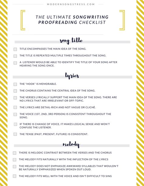 The Ultimate Songwriting Proofreading Checklist | Free download at http://www.modernsongstress.com/#!checklist-opt-in/kpa Proofreading Checklist, Songwriting Prompts, Songwriting Inspiration, Singing Exercises, Writing Lyrics, Music Mixing, Music Writing, Singing Tips, Singing Lessons