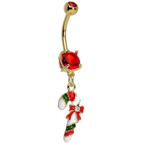 Red CZ Gold Plated Festive Candy Cane Dangling Belly Ring ❤ liked on Polyvore featuring jewelry, rings, gold plated belly ring, belly rings, dangle belly rings, dangle rings and navel rings Belly Ring Piercing, White Cane, Bellybutton Piercings, Ring Piercing, Button Piercing, Weird Jewelry, Belly Bar, Perfect Dark, Navel Jewelry