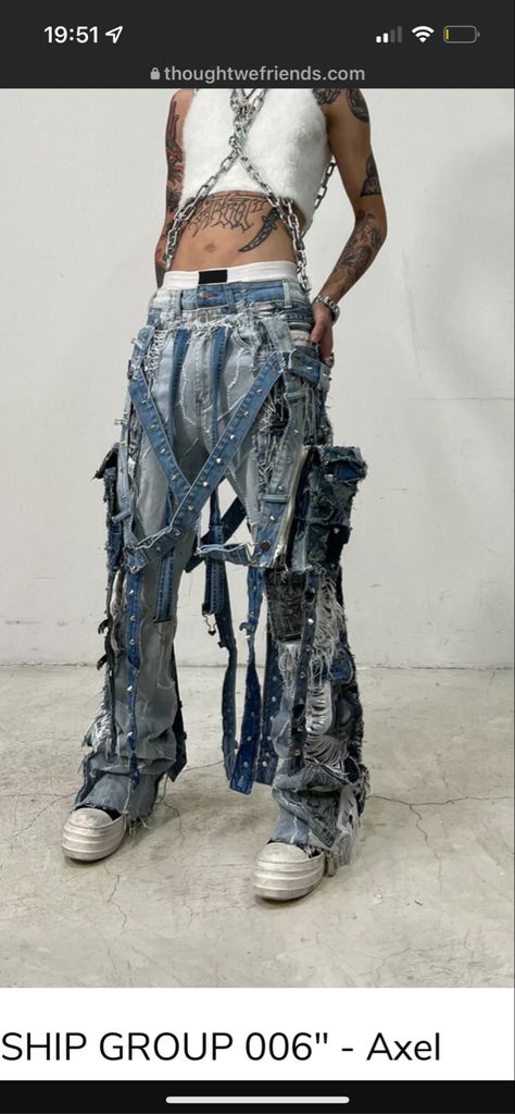 Crazy Jeans Outfit, Crazy Jeans, Distressed Clothing, Punk Denim, Shredded Jeans, Fashion Collection Inspiration, Apocalyptic Clothing, Punk Style Outfits, Techwear Fashion