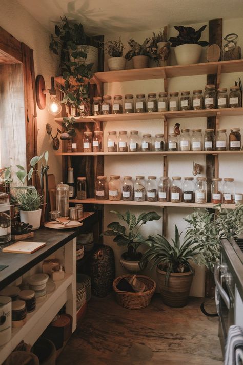 Boho Apothecary Decor, Apothecary Garden Design, Home Apothecary Room Decorating Ideas, Basement Apothecary, Apothecary Decor Ideas, Apothecary Kitchen Decor Ideas, Home Apothecary Ideas, Apothecary Organization, Witch Apothecary Aesthetic