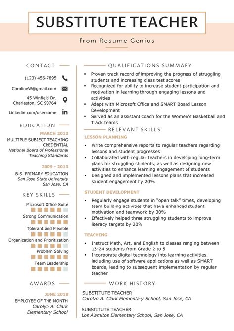 Substitute Teacher Resume Samples & Writing Guide | Resume Genius Substitute Teacher Resume, Teaching Resume Examples, Teacher Resume Template Free, Indian Teacher, Preschool Teacher Resume, Teacher Cv Template, Elementary Teacher Resume, Teacher Resumes, Resume Teacher