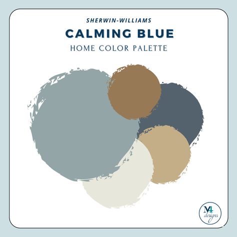 "Take the guesswork out of picking your paint for your home with this beautiful Home Interior Paint Palette with Sherwin Williams Paint. Use this coordinating paint color palette to paint your home without worrying if they will look good together once the paint dries. Whether you're redecorating a current space or buying and painting a new home, this instant download paint palette will help you select and assign your interior paint colors. The included Color Placement Chart will help you if you have ever wondered what color to paint your trim, wall, or ceiling from your paint palette. Each Sherwin Williams Paint Palette comes with 5 coordinating paint colors.  Every Home Interior Paint Palette is individually curated by Lacie Vail. With over 20 years of interior decorating experience, Laci Blue And Grey Paint Schemes, Ppg Blue Paint Colors, Hallway Paint Colors With Wainscoting, Sherwin Williams Windy Blue Bathroom, Complimentary Blue Color Scheme, Blue Goes With What Color, Soft Blue Living Room Walls, Small Living Room Ideas Color, Greek Blue Paint Colors