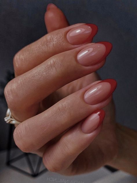 Vintage French Tip Nails, Wedding Nails With Red Accent, Red French Tip Matte, Res French Tip Nails Short, Mail French Tip, Light Red French Tip Nails, Clear Nails With Red Tips, Mail Inspo Almond Fall, Terracotta French Tip Nails