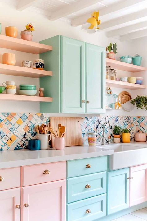 51 Pastel Kitchen Ideas You’ll Fall in Love With 💕 Pastel Kitchen Ideas, Pastel Scandinavian Interior, Colorful Eclectic Kitchen, Pink Kitchen Cabinets, Pastel Eclectic, Pastel Kitchen Decor, Open Kitchen Cabinets, Aqua Kitchen, Pastel Home