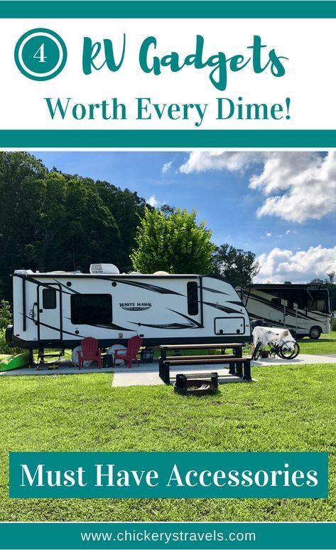 See the top 4 RV gadgets and accessories that we can't live without. These products and DIY projects will make your camping experience more comfortable for the whole family. Rv Gadgets, Land Ideas, Rv Gear, Must Have Accessories, Camping Must Haves, Camping Gadgets, Rv Makeover, Rv Hacks, Camping Checklist