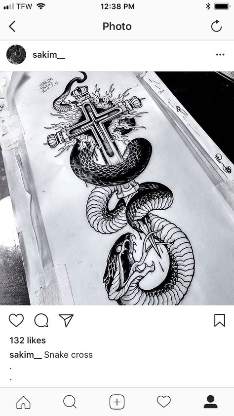 Cross Dagger Snake Crucifix Tattoo, Cute Thigh Tattoos, Cross Drawing, Woodcut Tattoo, Helmet Tattoo, King Tattoos, Snake Tattoo Design, Koi Fish Tattoo, Snake Art