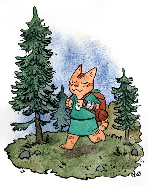 Hike Drawings, Hike Illustration, Hiking Illustration, Inktober 2024, Watercolor Illustrations, Cats Illustration, Disney Drawings, Cat Drawing, Watercolor And Ink