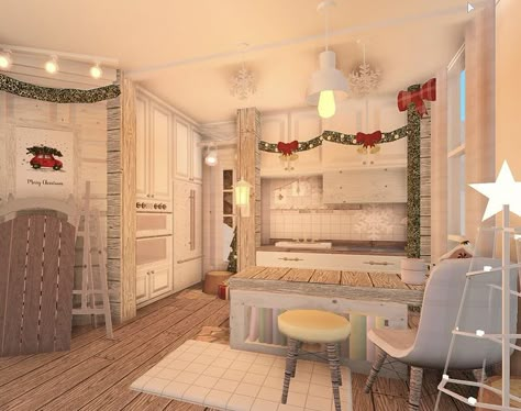 Bloxburg Kitchen Ideas Aesthetic Christmas, Aesthetic Christmas Bloxburg House, Bloxburg Xmas Bedroom, Winter Bloxburg Kitchen, Bloxburg Christmas Decorating Ideas, Christmas Bloxburg Kitchen Ideas, Bloxburg Christmas House Decor, Bloxburg Houses Christmas, Christmas Bloxburg Bedroom