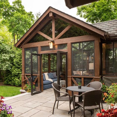 Backyard Sunroom Ideas, Screened In Porch Exterior View, Boujee Backyard, Porch Enclosure Ideas, Screened In Porch Makeover, Screened Porch Addition, Screened Front Porches, Porch Gable, Porch Enclosure