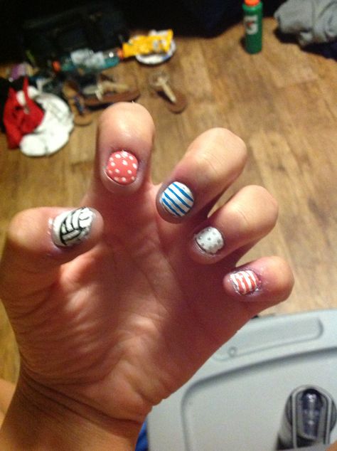 My Teammate Did These! (Sorry My Nails Are So... Ugly and Short lol) #NailArt #Volleyball #Stripes #PolkaDots Ugly Nails, Hello Nails, Really Cute Nails, My Nails, Short Nails, Cute Nails, Volleyball, Being Ugly, Random Stuff