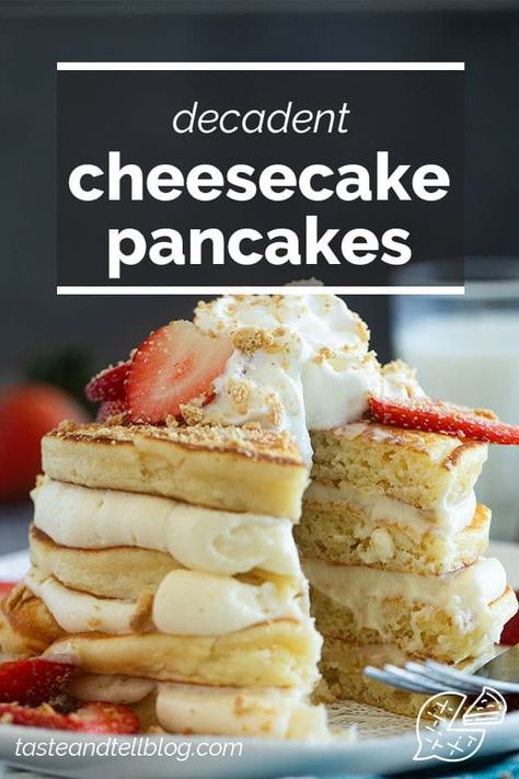 Pancakes for breakfast or dessert! These fluffy Cheesecake Pancakes are topped with a cream cheese frosting for a fun and delicious treat. Strawberry Cheesecake Pancakes, Cheesecake Pancakes, Healthy Cream Cheese, Fluffy Cheesecake, Cream Cheese Pancakes, Pancakes For Breakfast, Pancake Toppings, Cheese Pancakes, Cheesecake Pudding